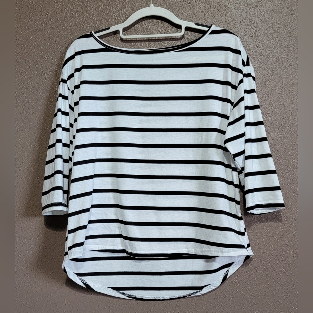 SHEIN Black & White Striped Boatneck 3/4 Sleeve Top Size Small